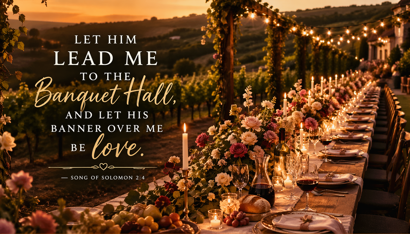 Song of Solomon 2:4 Bible verse wallpaper vineyard banquet table golden hour candles flowers wine feast banner over me love